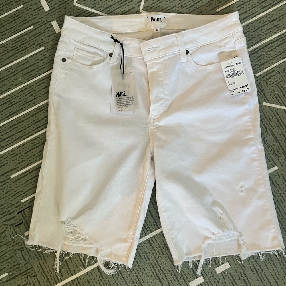 PAIGE White Distressed Denim Cutoff Shorts